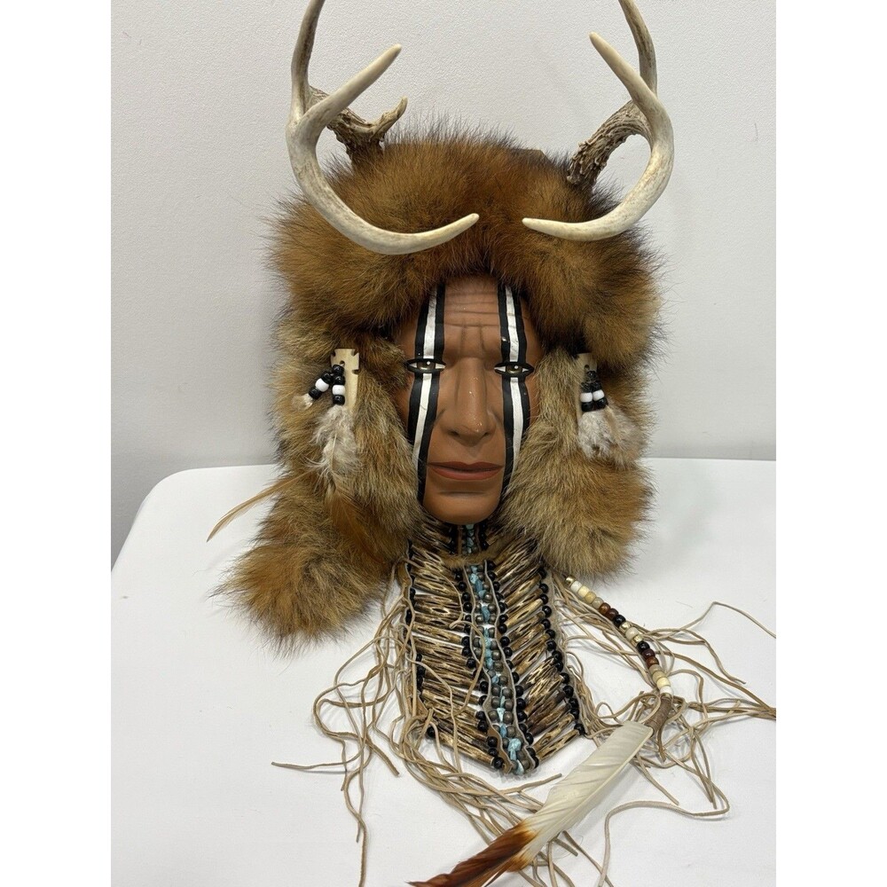 Native American Spirit Mask Wall Hanging Antlers/Feathers/Beads/Fur Breastplate
